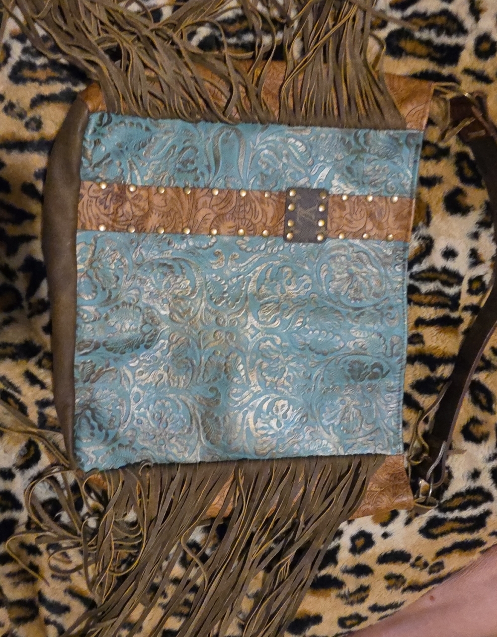 Fringed Tooled Floral Crossbody Bag in Turquoise and Brown